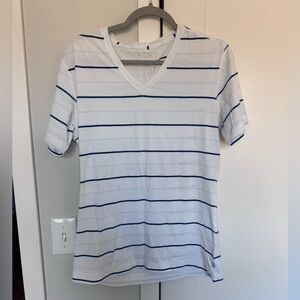 Lululemon White V-Neck Tee with Navy Horizontal Stripes